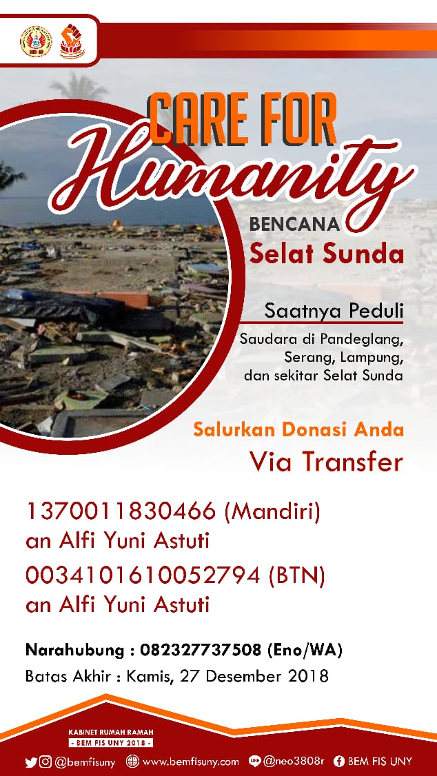 CARE FOR HUMANITY BENCANA SELAT SUNDA

Saatnya peduli pada saudara-saudara kita di Pandegelang, Serang, Lampung dan sekitarnya dengan menyalurkan donasi anda. 

#BEMFISUNY2018
#PrayForIndonesia