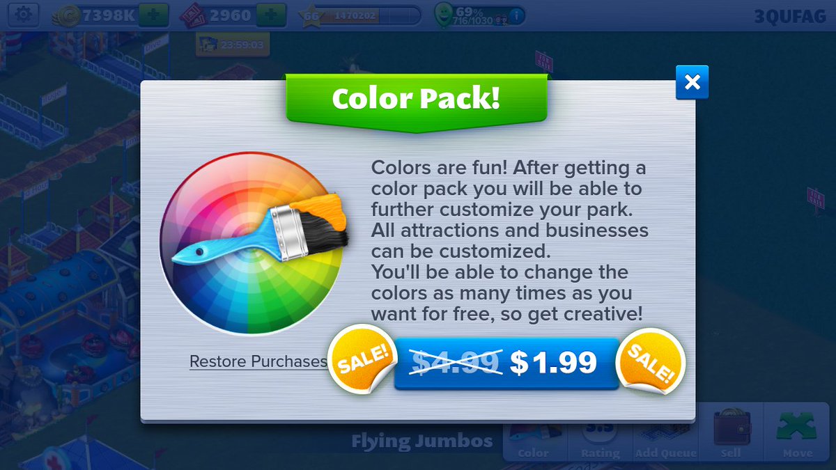 RCT4MGame's tweet image. Did you know, our #ColorPack price has been reduced for a limited time? Color your park for the holiday season! Get it while it lasts! #RCT #RCT4M #HappyHolidays #RollerCoasterTycoon  🖌🎨🎮🎢🎁❤️
