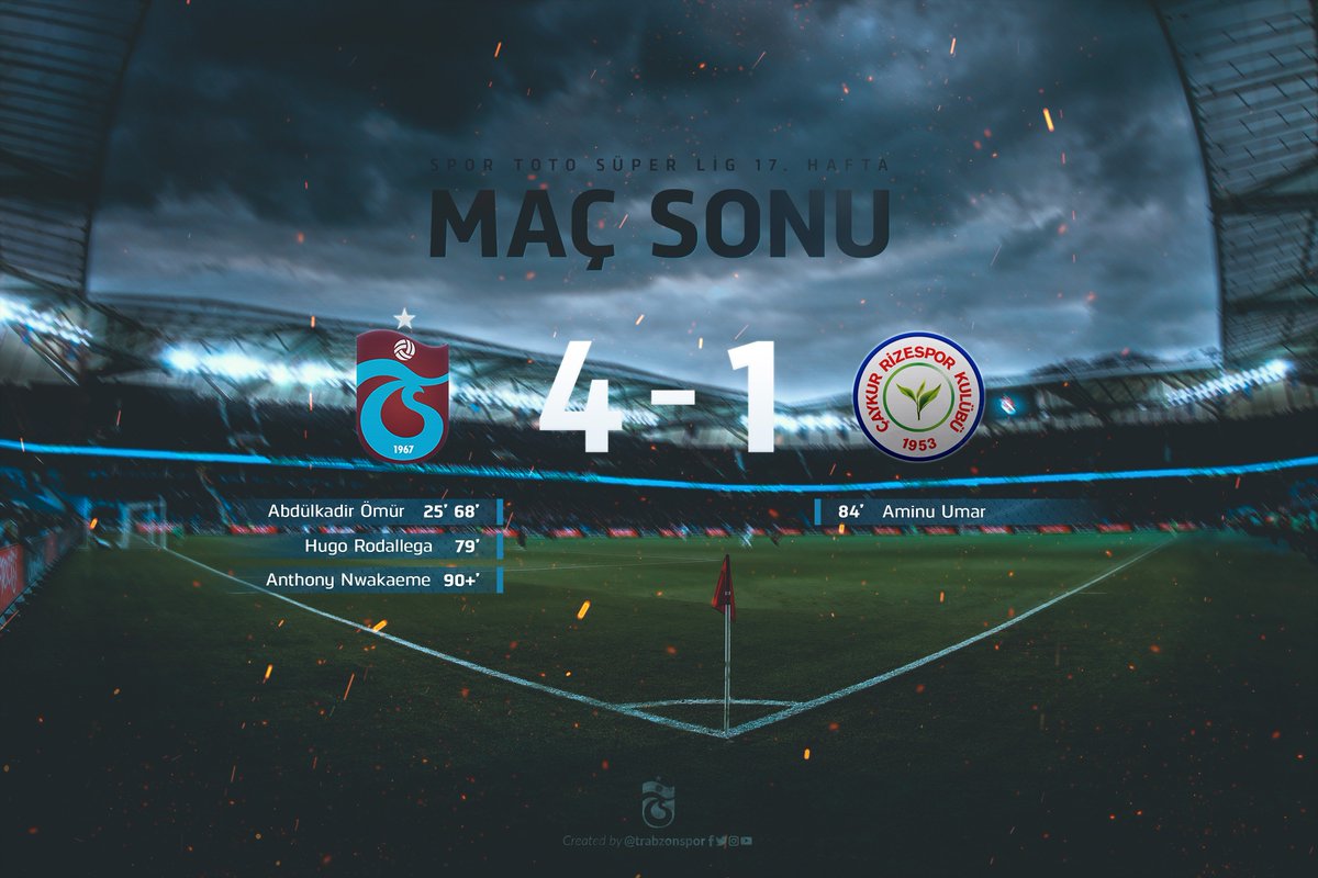 Trabzonspor's tweet photo. ⏱️ 90' Karşılaşma sona erdi. Trabzonspor 4-1 Çaykur Rizespor #TSLive https://t.co/6DtlkdXk45