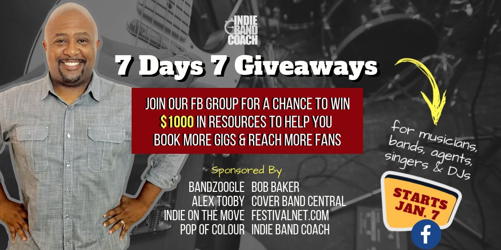 indiebandcoach's tweet photo. 💯 THANK YOU to each of the gracious businesses who have donated prizes and resources to our #7Days7Giveaways starting Jan. 7th! Join us here => https://t.co/wprZxe3XzV <= for your chance to win $1000 in prizes! #indiebandcoach #diymusicians https://t.co/nCnGDZp5dA