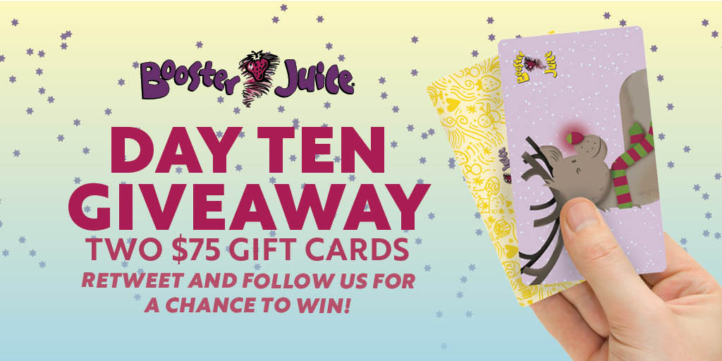 boosterjuice's tweet photo. It's Sunday which also means its day 10 of our #12DaysofGiveaways. We're giving away two $75 Booster Juice gift cards! Retweet and follow us to win—it could be your lucky day! #Contest #BoosterJuice https://t.co/PCvmCX8Cl2