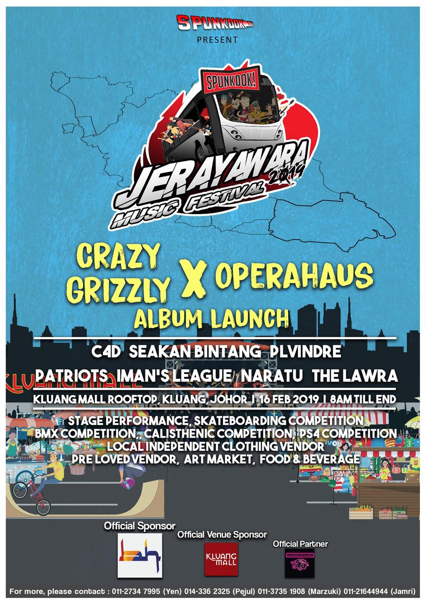 #JOHOR SATURDAY February16, 2019 JERAYAWARA MUSIC FESTIVAL 2019 8am-END KluangMallRooftop #Kluang ft. performances by : <a href="/crazy_grizzly/">Crazy Grizzly</a> X <a href="/operahausmy/">Operahaus</a> Album Launch <a href="/c4dmagnum/">C4D</a> <a href="/pengutip_lagu/">Seakan Bintang</a> <a href="/plvindre/">ᴘ ʟ ᴠ ɪ ɴ ᴅ ʀ ᴇ</a> <a href="/PatriotsMY/">PATRIOTS</a> <a href="/IMANSLEAGUE/">IMAN'S LEAGUE</a> <a href="/naratukd/">Naratu</a> <a href="/thelawramy/">The Lawra</a>