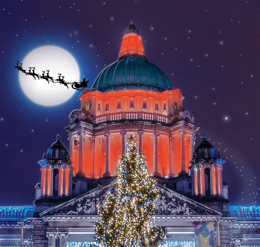 belfastcc's tweet photo. Santa should find Belfast OK tomorrow night - our City Hall dome will be flashing red to guide his way! Watch out for the 'Santa siren' for five minutes, every hour on the hour, from dusk, to remind children that his journey from the North Pole has begun! #BelfastLightsAtNight https://t.co/108zrGDnKN