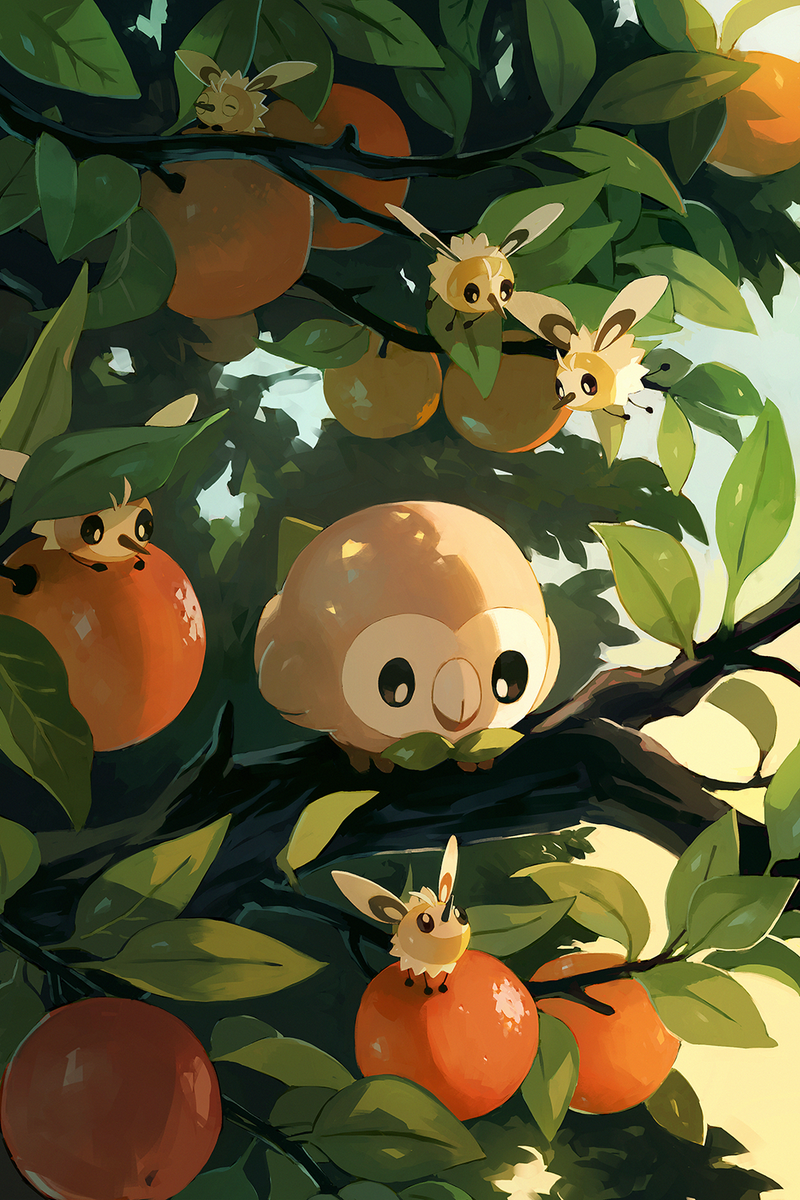 rowlet pokemon (creature) no humans fruit food branch day bird  illustration images