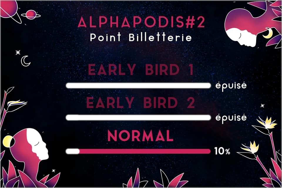 Aucun artiste du line-up annoncé mais déjà plus de place "Early Birds" !!
Merci pour votre confiance 😘#alphapodis #dansonssolidaires
