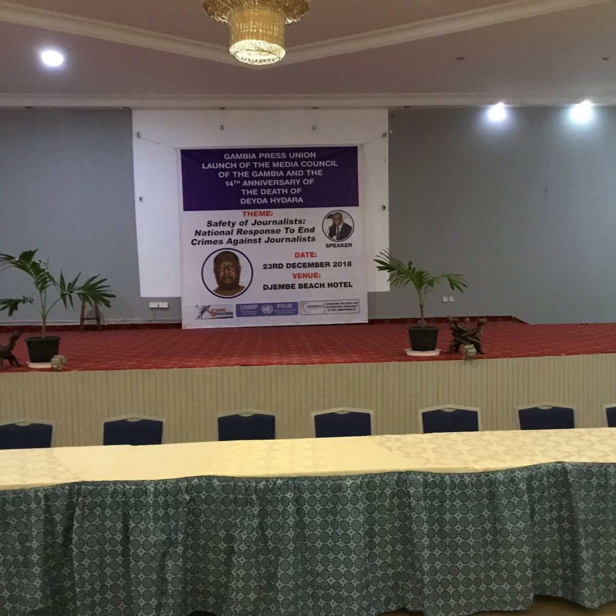 gmpressunion's tweet photo. Everything is set for the #MCG launch & 14th anniv. of #Deyda Hydara at Djembe Beach.
The program will start any moment from now.
#LaunchOfMCG
#SelfRegulationNow
#MediaCredibilityAndProfessionalism
#WeNeedJusticeNow
#JusticeDelayedIsJusticeDenied
#14yearsOnHisKillersRemainUnknown https://t.co/JFFvbs9wP6