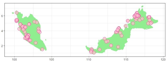 AChanRC's tweet photo. #AchievementUnlocked! Finally tried my hand at mapping geospatial data. Plotted 171 landslides that happened in Malaysia between 2006-and March 2016 using R. Used ggplot2 for the 1st map and rworldmap for the 2nd. https://t.co/2P6W9SGdMi