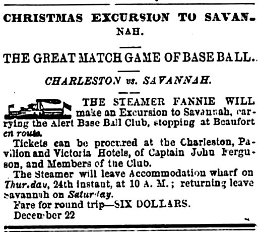 Off-Season's Greetings! Actually, there is no baseball off-season. For example, did you know that two clubs played baseball on Christmas Day, 150 years ago? The Alert Club of Charleston beat the Forest City Club of Savannah, 45-42, December 25, 1868: tinyurl.com/ts-osgr