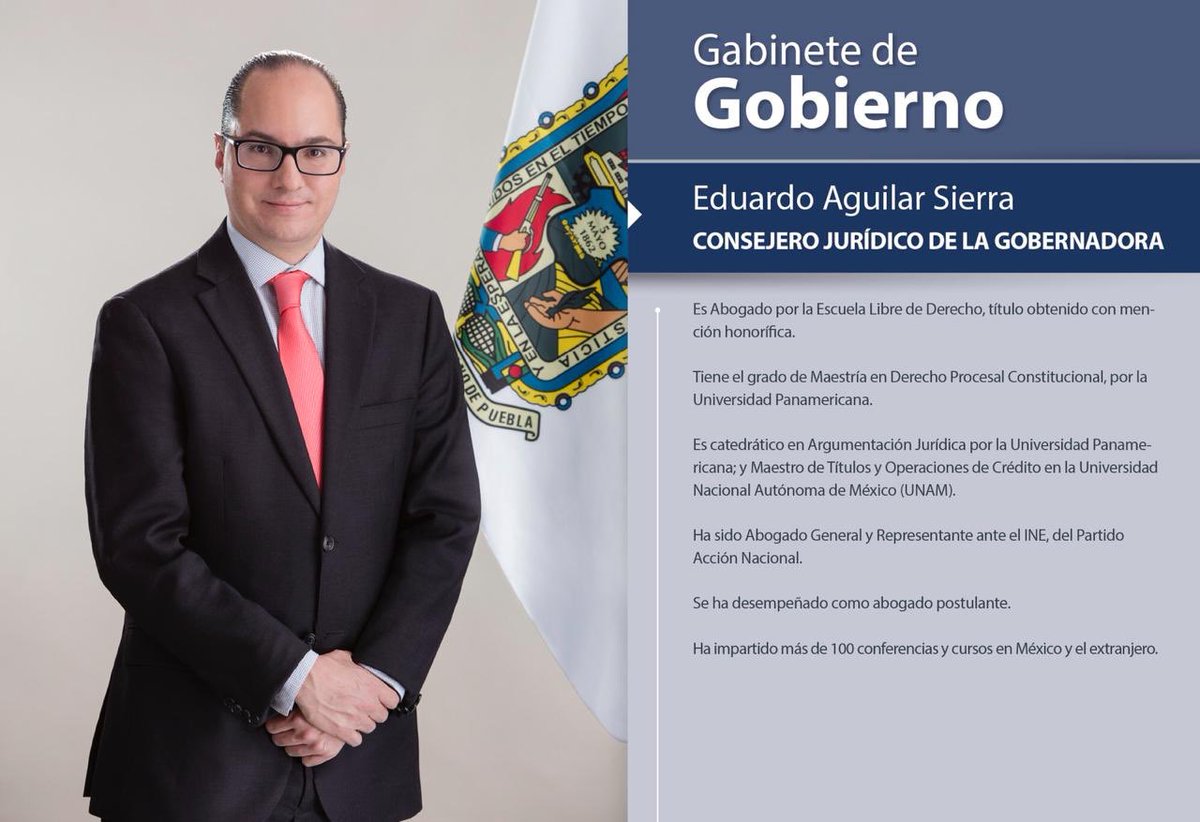Martha Erika Alonso (@marthaerikaa) on Twitter photo La Consejería Jurídica estará dirigida por <a href="/EduardoAgSi/">Eduardo Aguilar</a>, un hombre comprometido, de resultados y que destaca por sus conocimientos, honestidad y ética profesional. La Consejería Jurídica estará dirigida por <a href="/EduardoAgSi/">Eduardo Aguilar</a>, un hombre comprometido, de resultados y que destaca por sus conocimientos, honestidad y ética profesional.