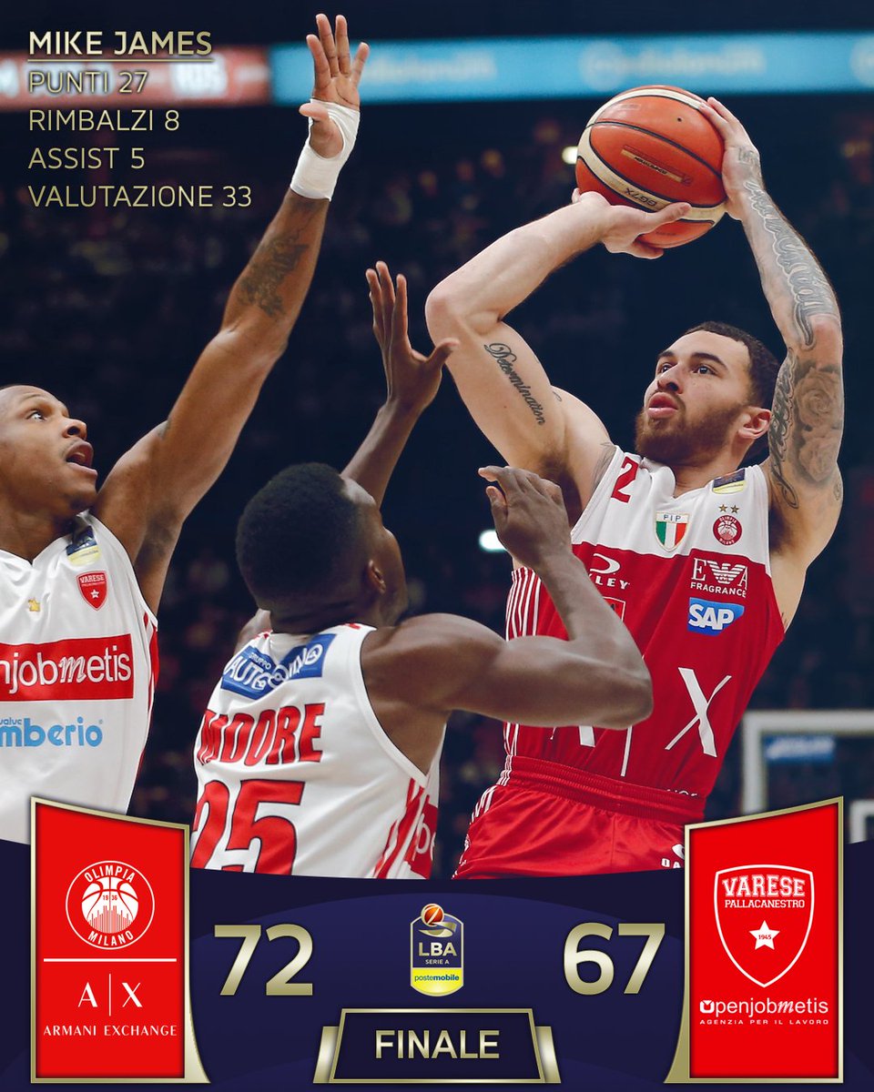 LegaBasketA's tweet photo. È l'@OlimpiaMI1936 che conquista il 177° derby con la @PallVarese!
Gli uomini di Pianigiani vincono un match bello e combattuto con il risultato di 72-67
#TuttoUnAltroSport https://t.co/RLIaytKBM7