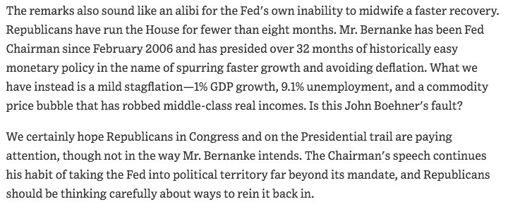 August 2011  https://www.wsj.com/articles/SB10001424053111904199404576536692576451976?mod=searchresults&page=25&pos=10"[Bernanke] has presided over 32 months of historically easy monetary policy... What we have instead is a mild stagflation—1% GDP growth, 9.1% unemployment, and a commodity price bubble that has robbed middle-class real incomes."