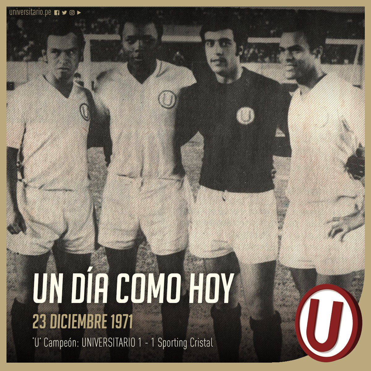 #EFEMÉRIDES | Un día como hoy en 1971, @Universitario se consagra Campeón Nacional tras empatar 1 - 1 ante @ClubSCristal a falta de dos fechas para culminar el torneo. El equipo crema logra la estrella ⭐14 de su historia.