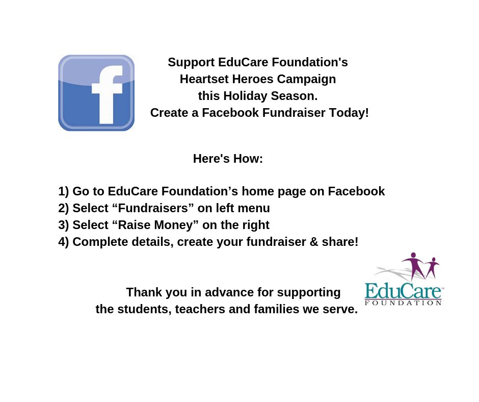 educare_fdn's tweet photo. Host a Facebook Fundraiser this holiday season for EduCare. Every dollar raised will bring us closer to reaching our end of year goal and will allow us to serve many more deserving students!
#educarefoundation #heartset #heartsetheroes #educare https://t.co/mxtbevpGZP