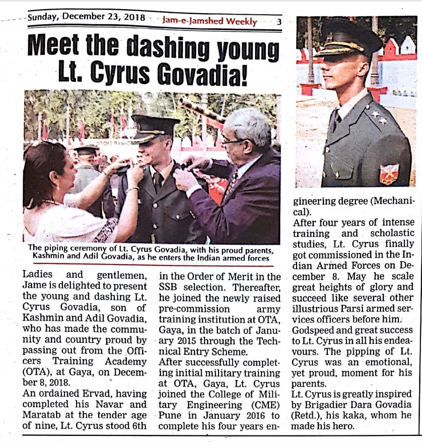 ZarthostiKomDin's tweet photo. #Parsee #Parsi #Ervad #CyrusGovadia earned a #MechanicalEngineering degree and was commissioned in the #IndianArmedForces Proud parents #KashminGovadia and #AdilGovadia. #YoungZarthosti lieutenant #CyrusAdilGovadia makes history 🇮🇳#PatriotParsees4India #GodBlessIndia #AidunBaad https://t.co/jZhv4bUBt4