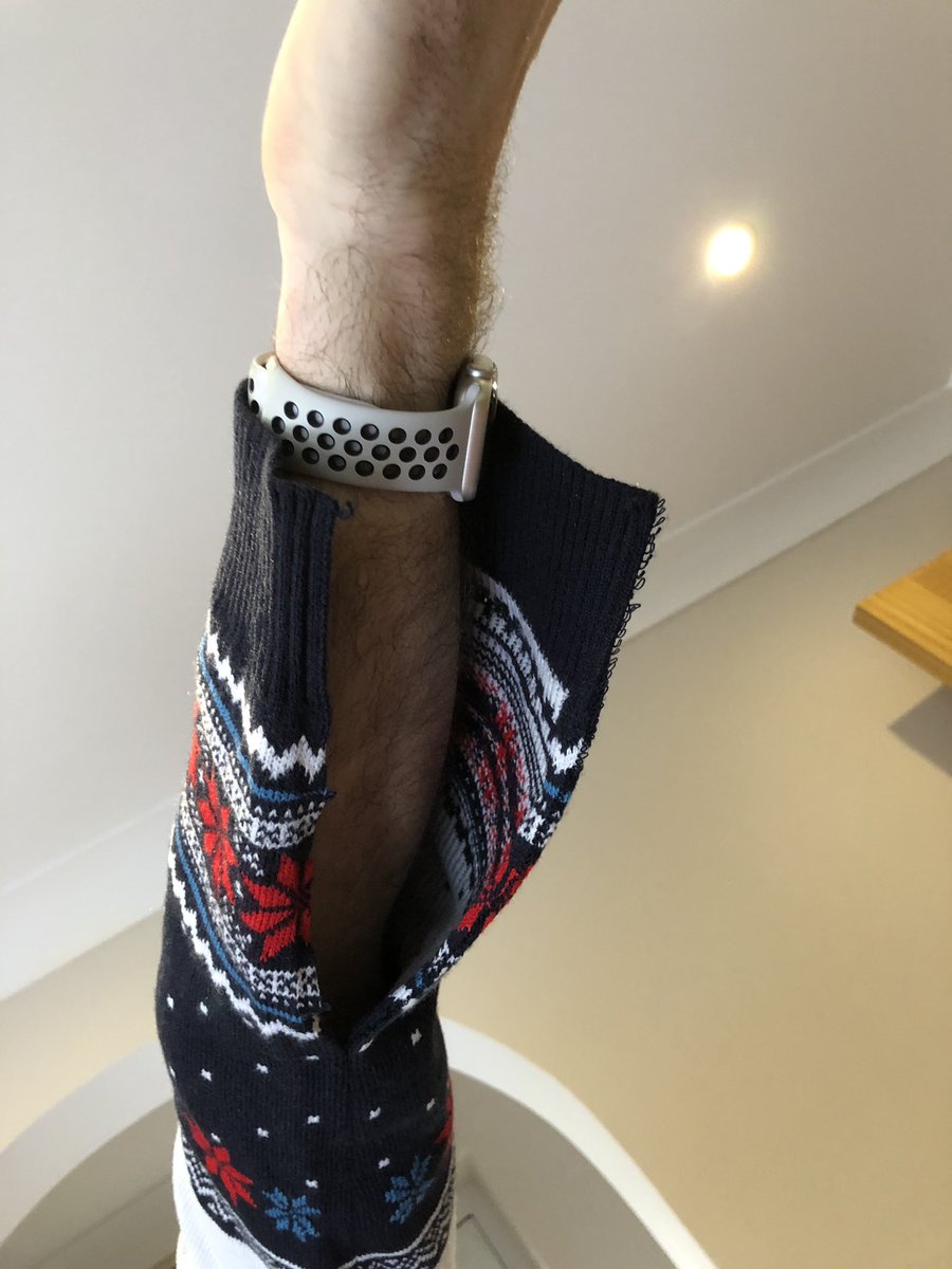 scspark's tweet photo. @merchoid - disappointed that your Tie Fighter Xmas jumper fell apart within an hour of putting on - and all I did was pull the sleeves over elbows to help peel some festive spuds Luckily my wife is a dab hand with a sewing machine, but I expected more from a £45 jumper :) https://t.co/EbZi6d2vPC