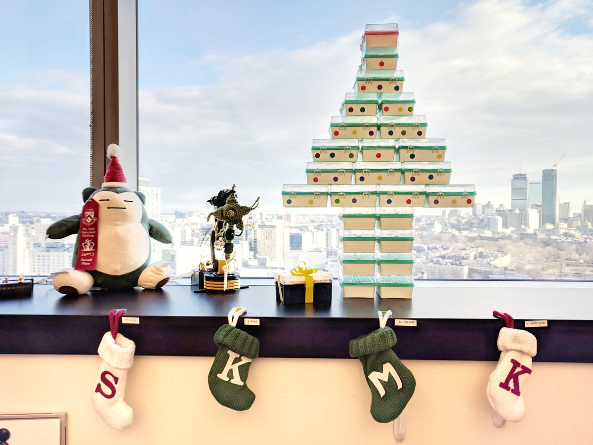 snk_kim's tweet photo. Decorated my lab bay -- Santa, green neuron tree with glass "vesicle" ornaments, &amp; stockings. Latest addition made possible by last week's library prep: a tree (&amp; gift box) made from empty pipette tip boxes, lab tape, &amp; eppendorf tube labels. Happy holidays!🎄👩‍🔬 #science #PhDlife https://t.co/icIZsHqnLl