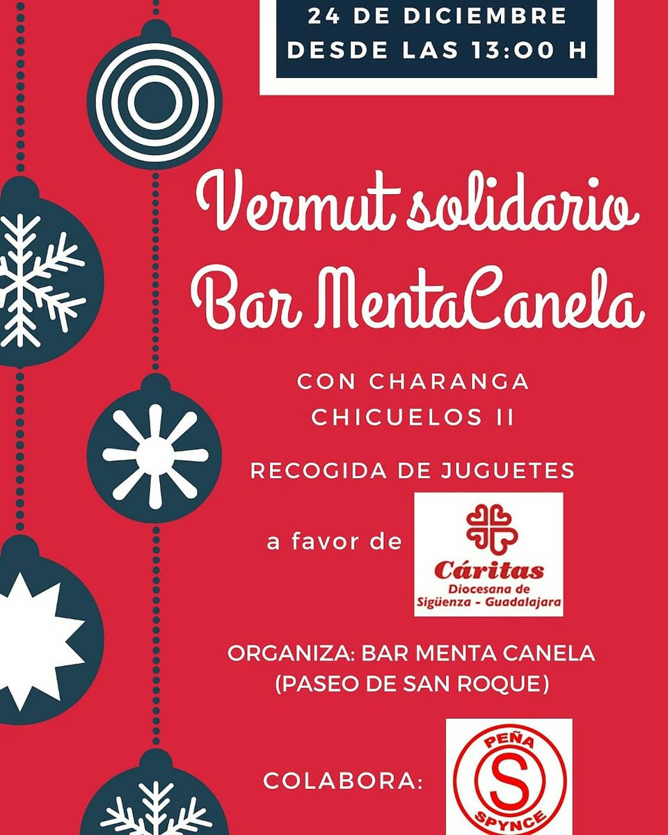 Mañana, 24 de diciembre, tenemos vermú solidario en el MENTA CANELA a partir de la 13h.

Recogeremos juguetes en perfecto estado para colaborar con Cáritas.