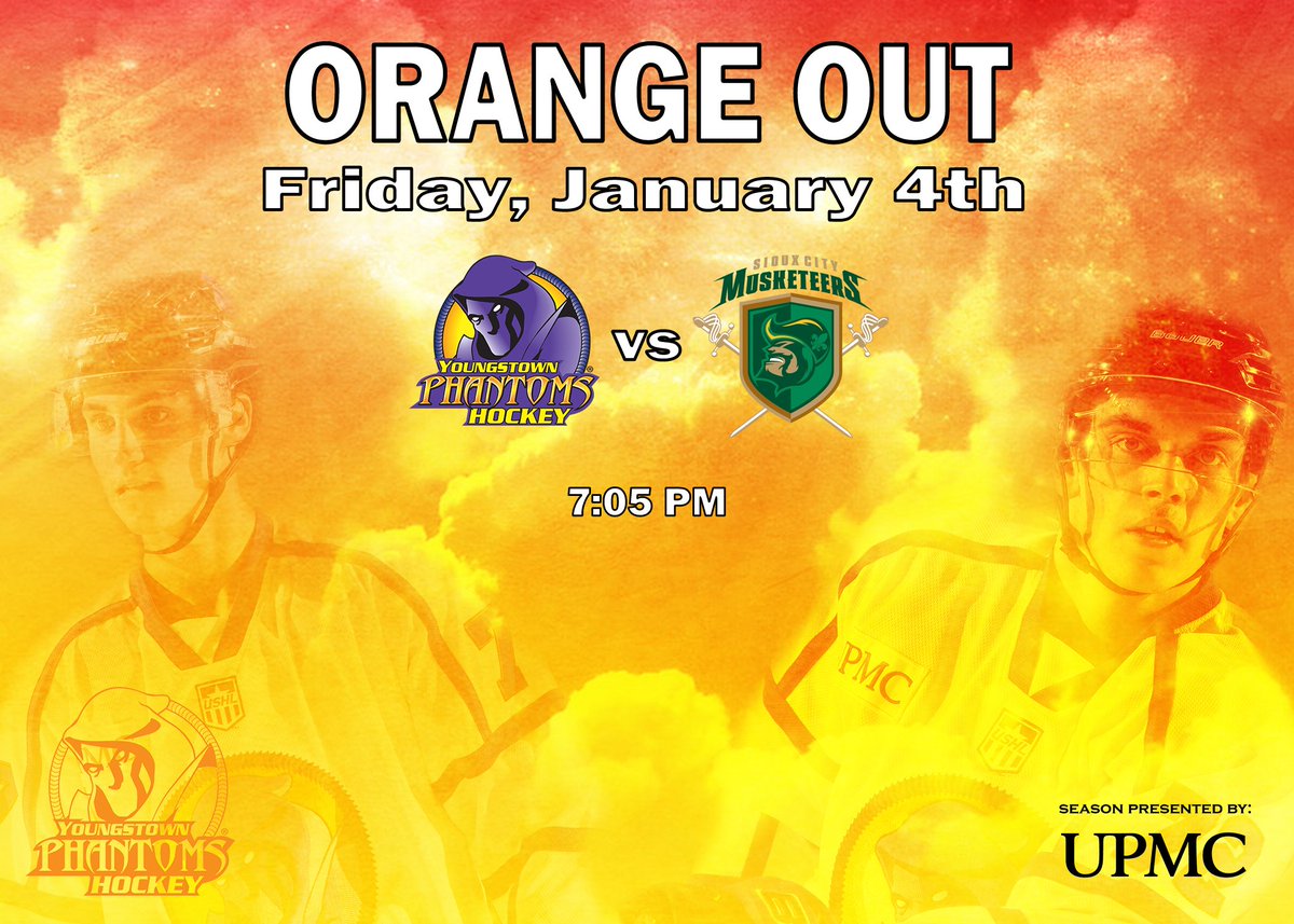 YtownPhantoms's tweet photo. Friday, January 4th is an Orange Out! Wear your orange and match our players as they wear their 3rd jerseys for the first time this season! PLUS, It's a Pizza Hut Party Pack night! For tickets call 330-747-7825!

#OrangeOut #Youngstown #WearOrange #ThirdJerseys #Ohio https://t.co/vzqNEtp4kY