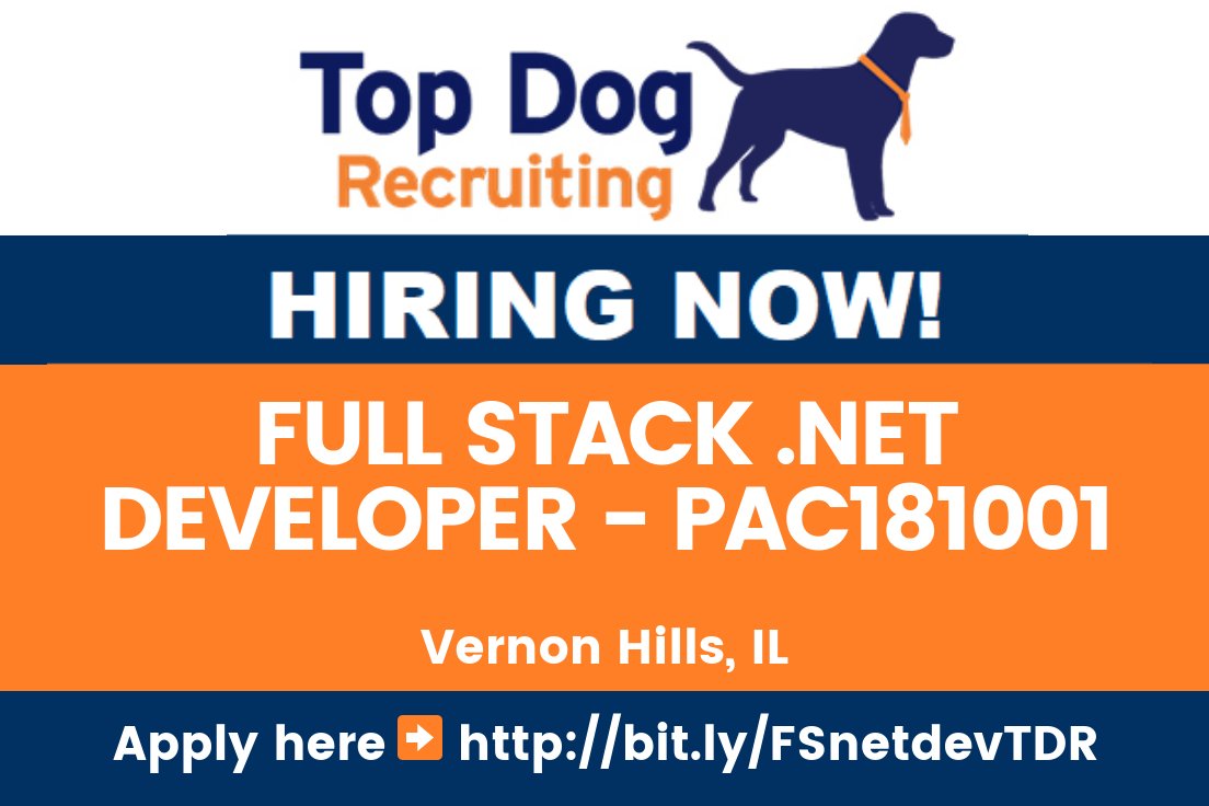 topdogrecruit's tweet photo. #Hiring FULL STACK .NET DEVELOPER, PAC181001 - IL #job #jobs #jobsearch #jobseeker #jobshiring #MSVisualStudio #SQL Server #JavaScript #JQuery #CSS2 #Flexbox #Bootstrap #HTML5 apps writing and design #Python #Perl #VernonHills #Illinois https://t.co/bufxjHLVSn https://t.co/dQEhtt3YM7