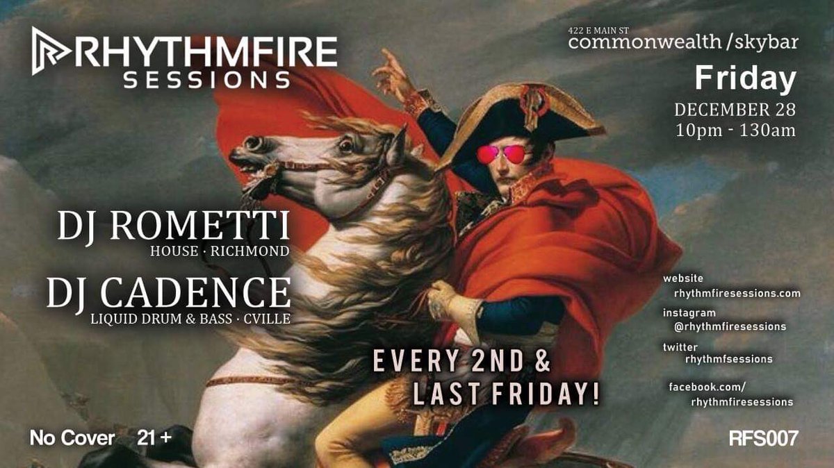 rhythmfsessions's tweet photo. Join us Friday December 28th from 10pm-1:30am at @CWSkybar we have DJs Rometti out of Richmond, And Cadence out of Charlottesville spinning! NO COVER.  21+ #cville #housemusic #edm #rhythmfiresessions https://t.co/k5kAYxlgu7