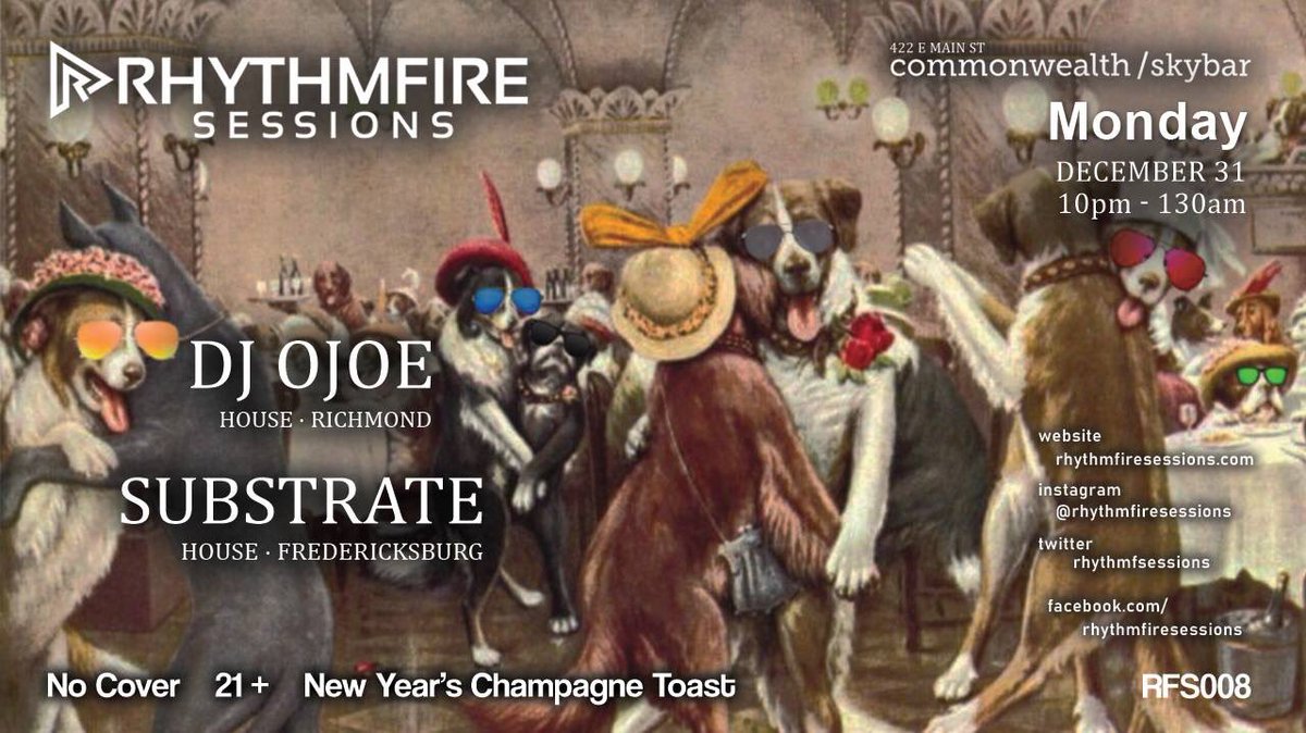 Join us For NYE! Monday December 31st from 10pm-1:30am at <a href="/CWSkybar/">commonwealthSKYBAR</a> we have DJ Ojoe out of Richmond, and Substrate out of Fredericksburg spinning!
Plus a midnight Champagne toast! Would you want to be anywhere else???
#cville #housemusic #NYE #EDM #rhythmfiresessions