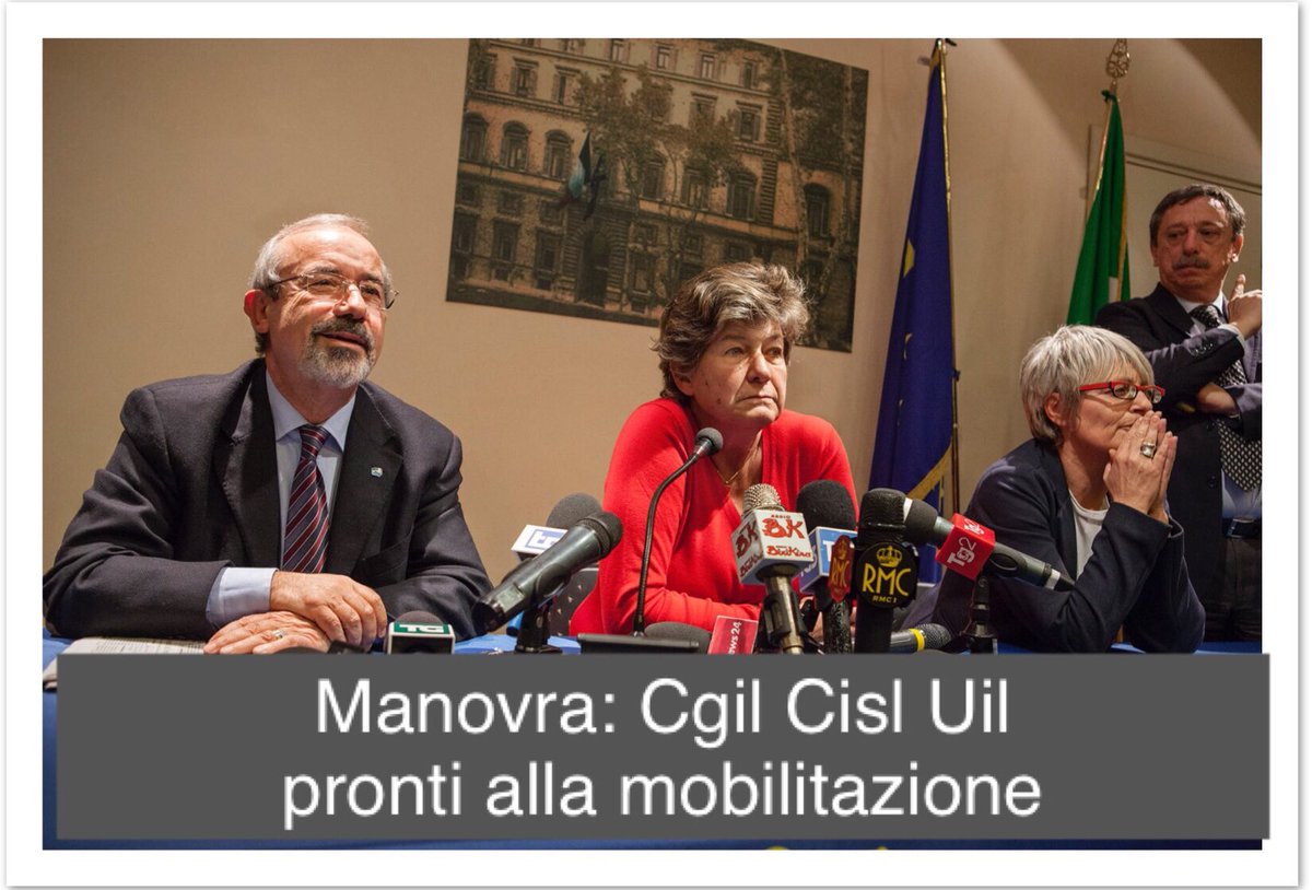 cgilnazionale's tweet photo. #Manovra2019 sbagliata, miope, recessiva, che taglia ulteriormente su crescita e sviluppo, lavoro e pensioni, coesione e investimenti produttivi. A #gennaio la manifestazione #CgilCislUil 
Leggi la nota unitaria 
👉 https://t.co/daoCCTyP31 https://t.co/w34IRWGkpm