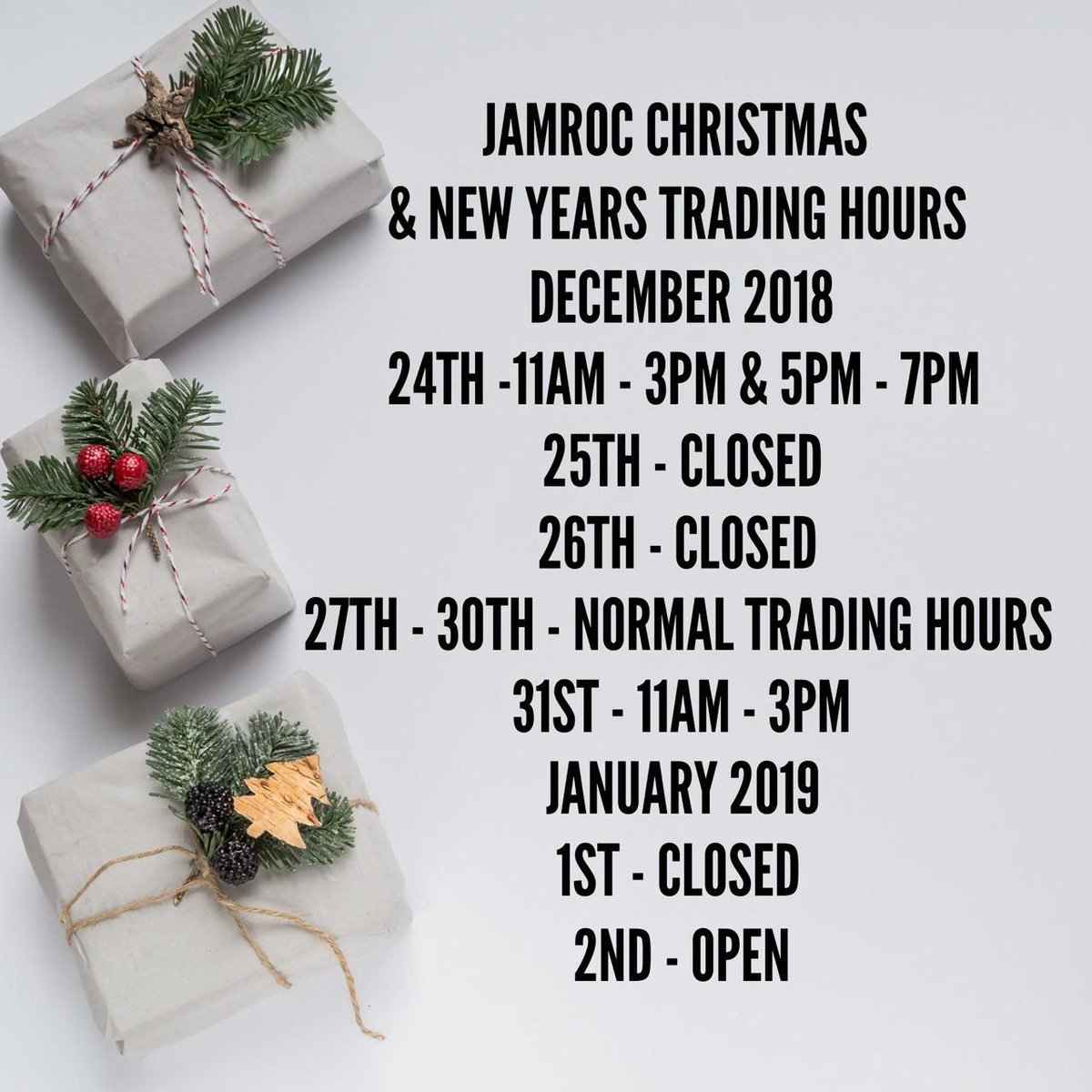 jamrocchicken's tweet photo. JAMROC Christmas and New Years Trading Hours 🎄🎅 https://t.co/eP3j8ix17Z