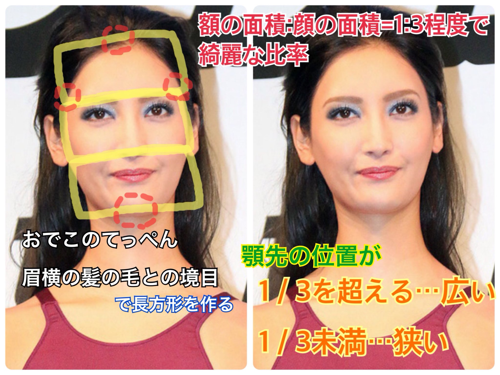 アネモネ 額の広い狭いの基準 額の面積 顔の面積 3 1程度が綺麗な比率といわれているがおおよそを測定する方法 額のてっぺん 左右の眉横の生え際の三点を結び長方形をつくる 上から3つ並べる 3つめの長方形の底辺が顎先を含むか含まないか アネモネ 額の広い狭いの基準 額の面積 顔の面積 3 1程度が綺麗な比率といわれているがおおよそを測定する方法 額のてっぺん 左右の眉横の生え際の三点を結び長方形をつくる 上から3つ並べる 3つめの長方形の底辺が顎先を含むか含まないか