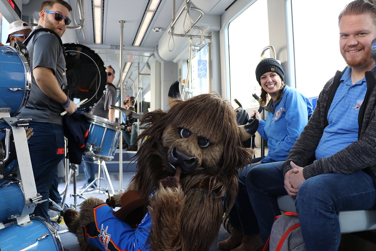 OKCStreetcar's tweet photo. It's almost time to #ThunderUp, OKC. We're sure @rumblethebison is riding in style to the game tonight; are you? Hop off at the Arena or Scissortail Park Platform for the game. #ItsRail https://t.co/xOJIXHQgW7