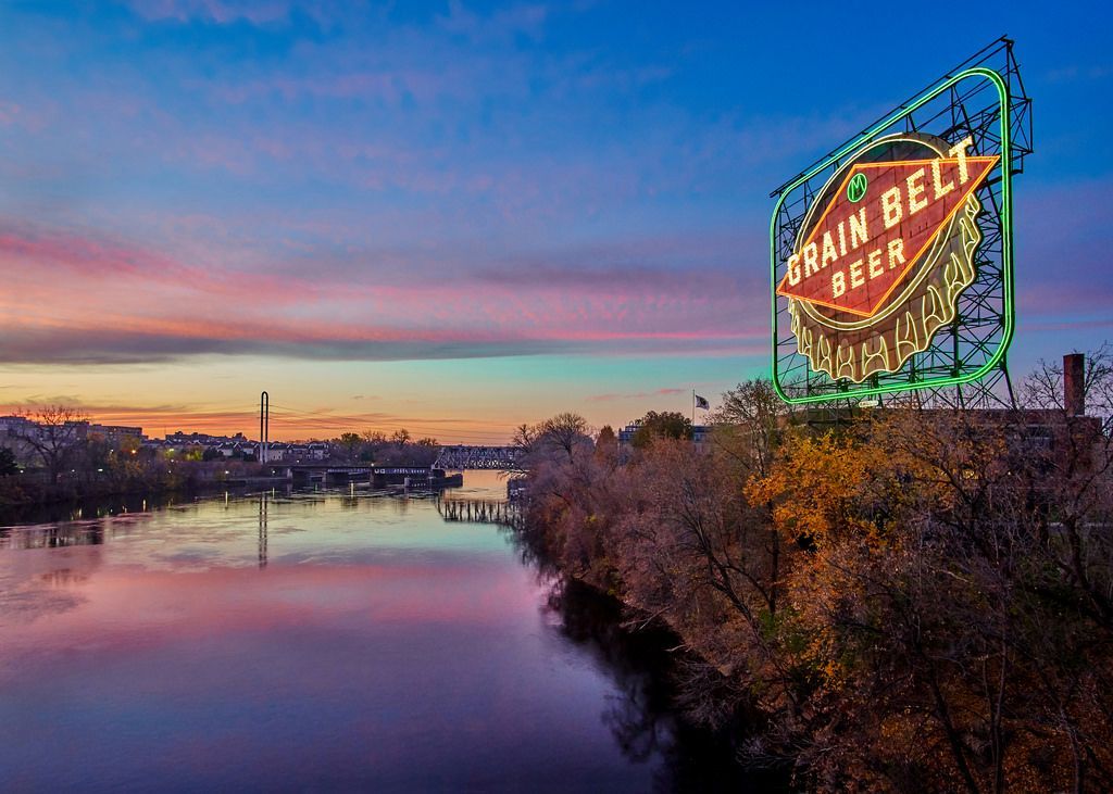 The Grain Belt Beer sign on the edge of the Mississippi River in Minneapolis. Photo by Jim Hughes.