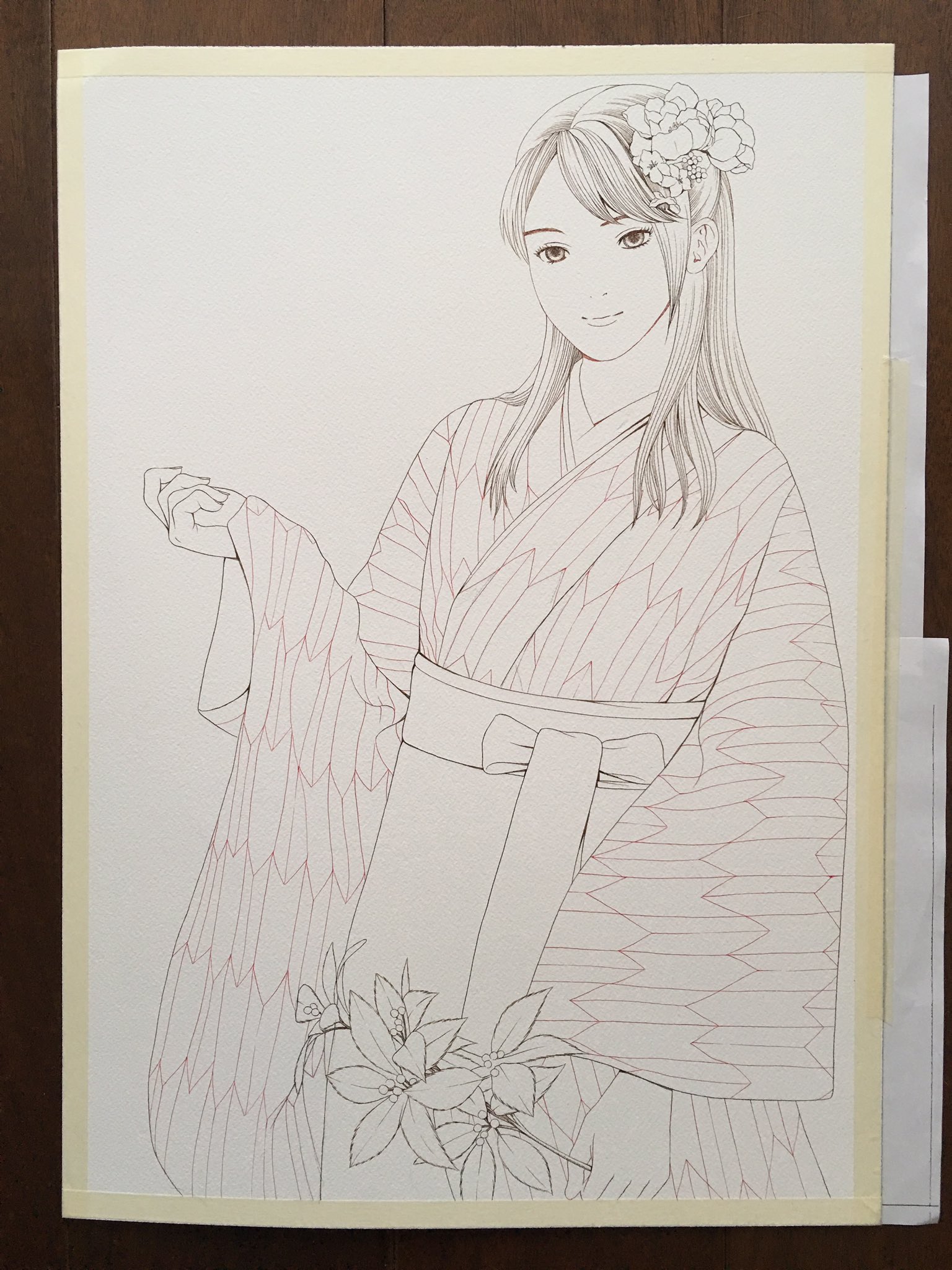 きたがわ翔 今年最後のイラストは矢絣の振袖を着た女の子にした パターンが規則的でシンプルな柄なので手に南天の枝を持たせてみたり 髪飾りもちょっとだけ豪華 明日から漫画の今年最後のペン入れをしてから仕上げるので元旦にでもアップしようと考えている