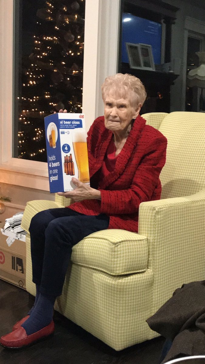 My 93 great granny June with her Dirty Santa prize 🤘🏼😂