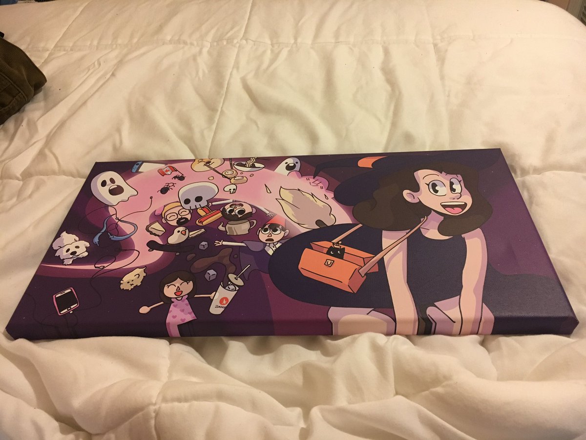 roastpeef's tweet image. i drew this for my girlfriend for our anniversary and got it printed on a 10x20 canvas. i think it turned out alright :)) it’s a bunch of her favorite things