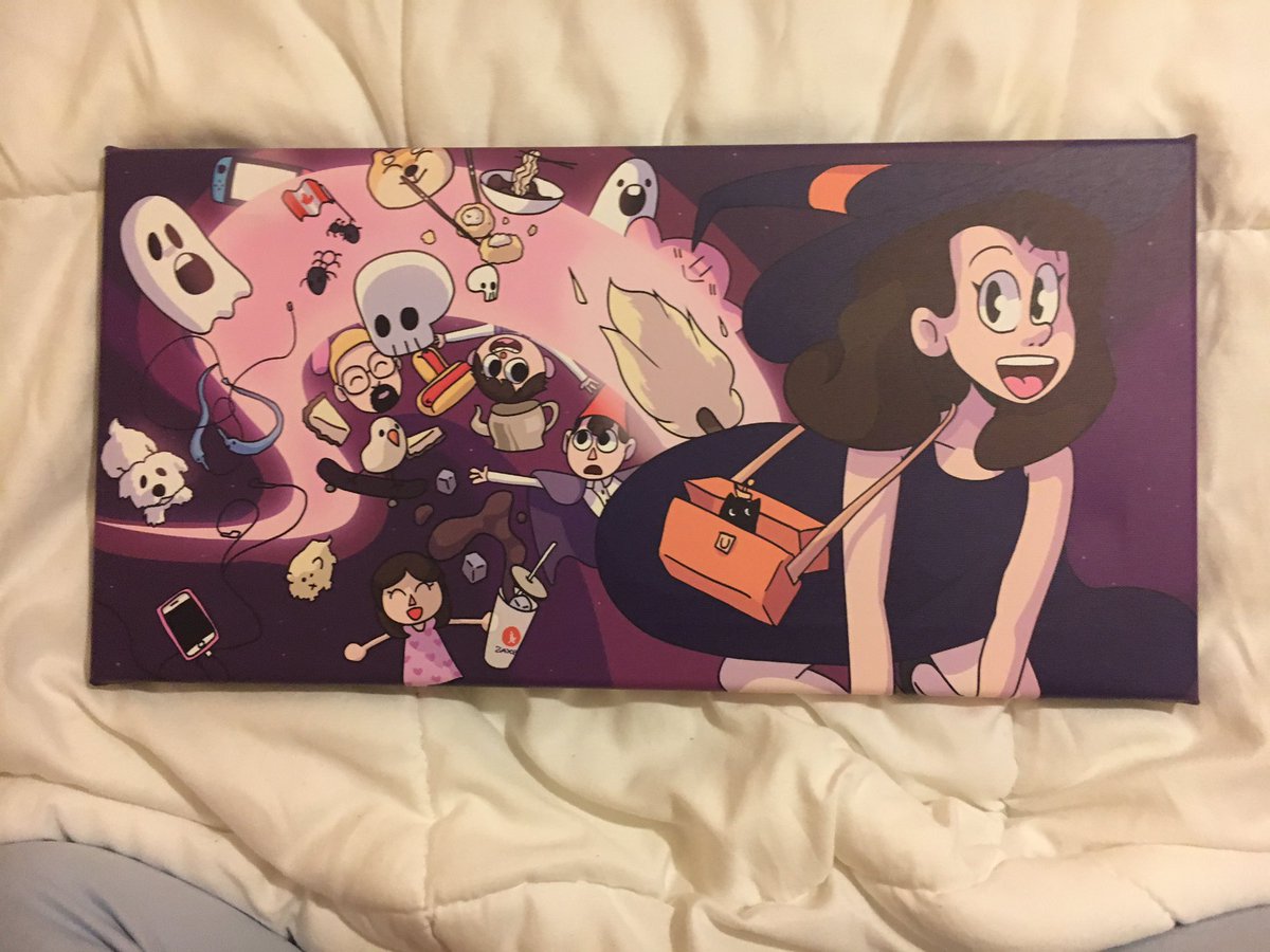 roastpeef's tweet image. i drew this for my girlfriend for our anniversary and got it printed on a 10x20 canvas. i think it turned out alright :)) it’s a bunch of her favorite things
