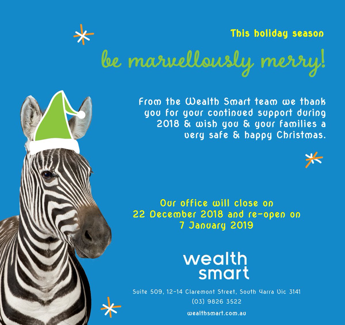 WealthSmartAU's tweet photo. Happy Christmas from the Wealth Smart Team. We thank you for your support and look forward to helping you with your financial goals in 2019. Have a great Christmas and a Happy New Year. #BeWealthsmart #Superannuation #lifeinsurance #wealthsmart #Xmas2018 https://t.co/8eEWpo7CtA