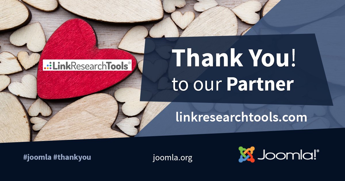 joomla's tweet photo. A big shout out thank you to our partner #LinkResearchTools Find out more about our #partner and how you can become a #Joomla Partner! #thankyou #grateful https://t.co/swuzlrTwfG https://t.co/uqUevH6R8j