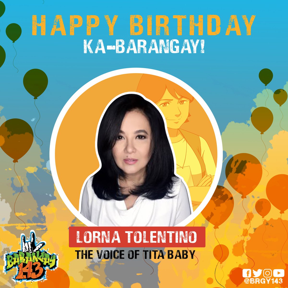 brgy143's tweet photo. Belated Happy birthday to our dearest @LornaTolentinoF, the voice of Tita Baby  the first Filipino anime series, Barangay 143!

May you have a wonderful birthday celebration with your loved ones.

#Brgy143
#LigaNgBuhay https://t.co/JBseoHSOIQ
