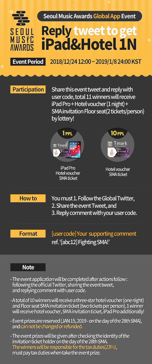 Get iPad Pro, Hotel voucher&amp;SMA invitation ticket by replying SMA Global popularity vote event tweet!
※ Period : 2018-12-24 ~ 2019-1-8 24:00 KST
Download SMA Global popularity voting app and Go to Mission!
- Android : goo.gl/47R29c
- iOS : goo.gl/NVXnGV