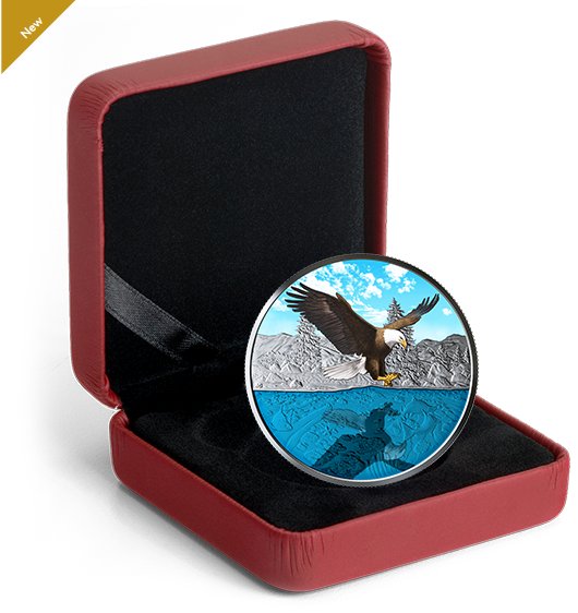 ap_impex's tweet image. 1 oz. Pure Silver Coin - Bald Eagle Reflection - Mintage: 4,000 (2019)
INCLUDES A BLACKLIGHT FLASHLIGHT! 
CELEBRATES THE BALD EAGLE! 
NEVER SEEN BEFORE! 
COMES WITH A BLACKLIGHT FLASHLIGHT! 
MIMICS THE LOOK OF THE BLUE SKY REFLECTED ON WATER! 
COMPLEX ENGRAVING! 
VERY LOW MINTAGE