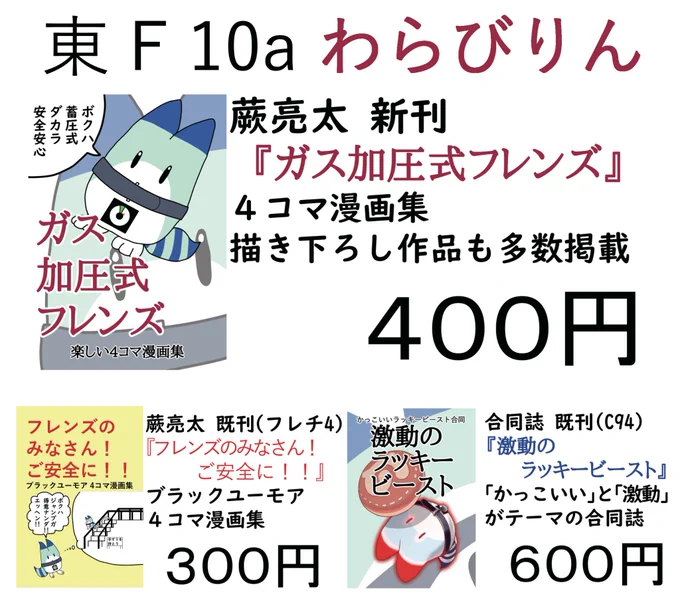 土曜日は冬コミ初日です。

スペースは「東 F 10a」です。

☆☆以下、重要です!☆☆
ヌメスティさんが参加できなくなってしまったので当日は私一人でスペースにいます。

ですので頒布物も私の新刊と残部極小の合同誌『激動のラッキービースト』のみとなります。

よろしくお願いします! 