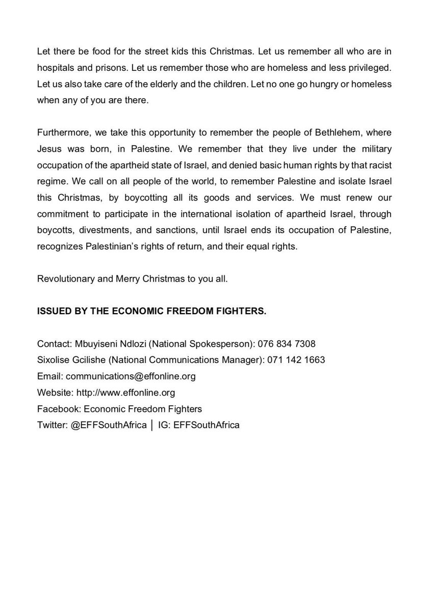 [Must Read] EFF Statement on Christmas: #RevolutionaryChristmas to all ✊🏾