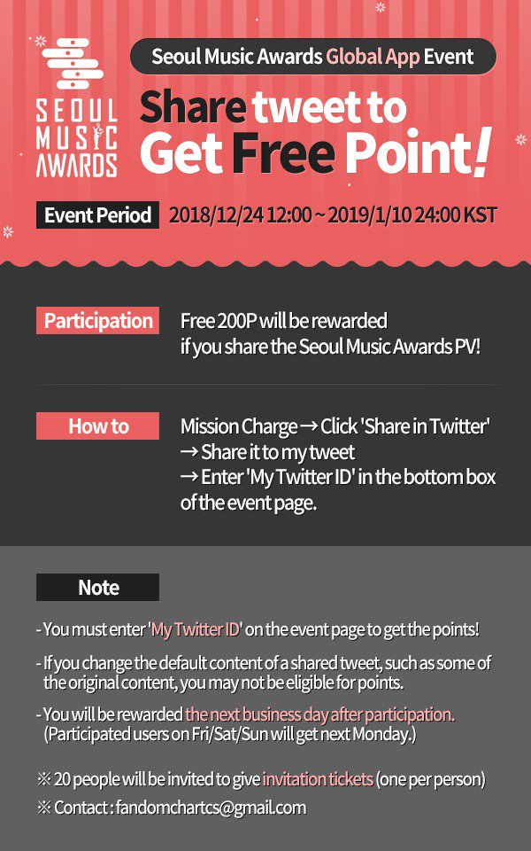 fandomchart's tweet image. Get Free 200P by sharing Fandomchart SMA event tweet!
Don&apos;t forget following&amp;amp;retweet is required!
※ Period : 2018-12-24~2019-1-10 24:00 KST
Download SMA Global popularity voting app and Go to Mission!
- Android : goo.gl/47R29c
- iOS : goo.gl/NVXnGV