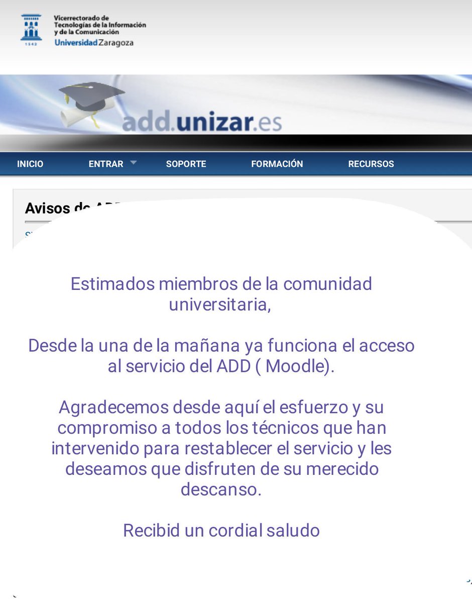 unizar's tweet photo. El acceso al ADD (Moodle) está restablecido. Un cordial saludo https://t.co/ZUA0mMvjXI