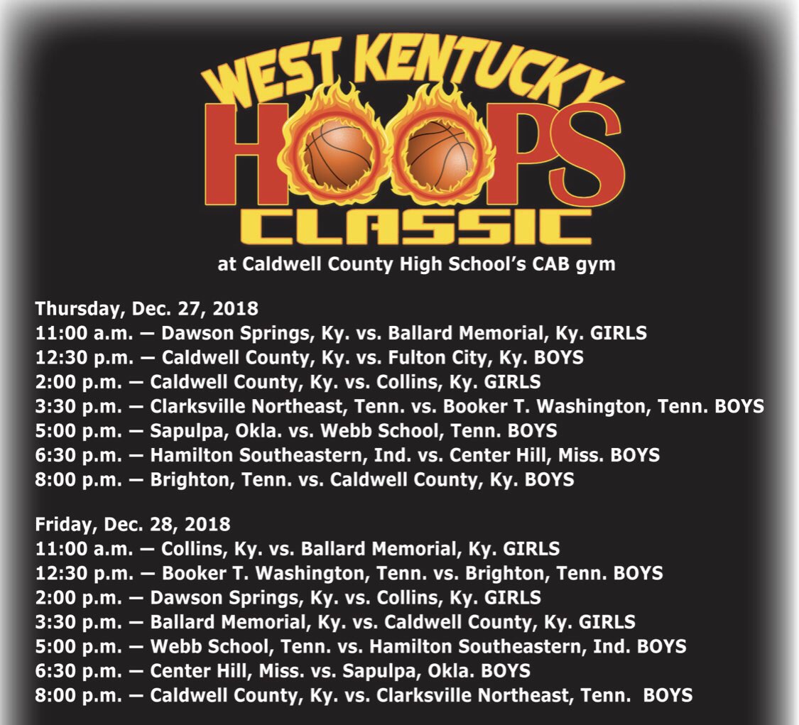 goodwininsure's tweet photo. DEC 27/28 @WKY_Hoops 
- #2 team state OK 6A Sapulpa @SapulpaHoops 
-top 30 player in nation coming from Webb TN @iamkeonjohnson 
-#2 team state MS 5A Center Hill @coachmealer 
-#3 junior in state IN 7’1 Mabor Majak @MaborMajak 
-Our Caldwell Co Tigers Girls &amp; Boys @CC_Crazies https://t.co/b9HQI24fnK