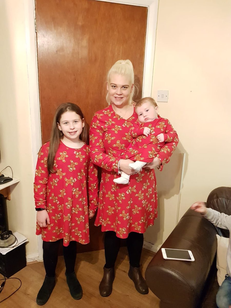 jenwills23's tweet photo. Myself and my two daughters Isabel and Phoebe wearing our matching christmas dresses. And we have our matching pjs for tonight @GMB #christmas2018 https://t.co/T3CpIjHp6L