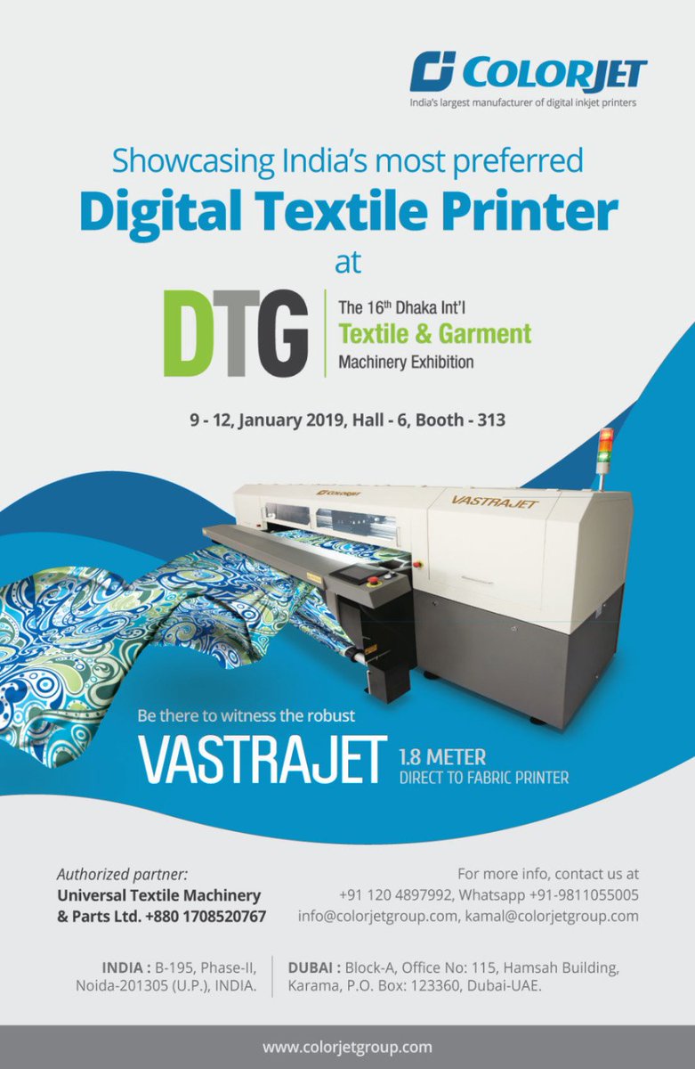 Colorjetgroup's tweet photo. Must See #DigitalTextilePrinters at #DTG Dhaka #Bangladesh 2019.
#TextileIndustry #ReactivePrinting #DispersePrinting #PigmentPrinting #LargestManufacturer #TextilePrinterManufacturer #ColorJet https://t.co/iaEd9LBa1Z