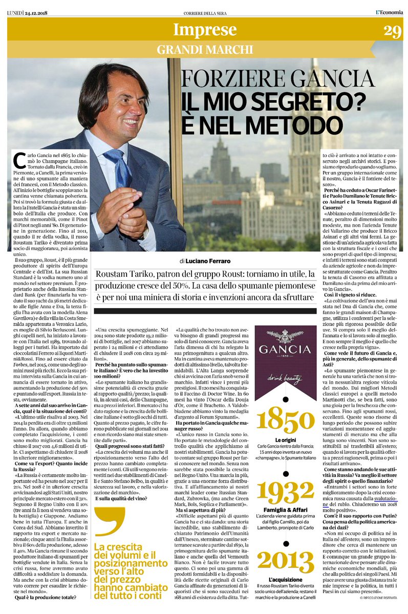 Sette anni dopo l’acquisizione della Gancia, i russi vantano risultati economici eccellenti. Buon per loro e anche per il Piemonte. <a href="/CorriereDiVini/">Luciano Ferraro</a> su <a href="/L_Economia/">Corriere L'Economia</a>