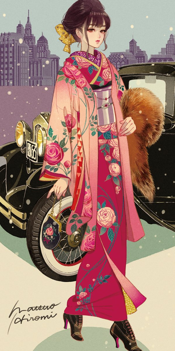 1girl japanese clothes kimono ground vehicle motor vehicle high heels car  illustration images