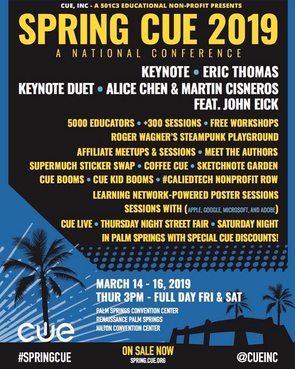 cuelosangeles's tweet photo. Spring CUE is coming! Make sure to reserve your spot today for the BIGGEST EdTech conference in the West! #CUELA will be there with some great presenters! Come hang out with us and see why everyone is talking about #wearecue! #cue #cuela #springcue2019 #springcue19 #springcue https://t.co/vZonvEoKJa