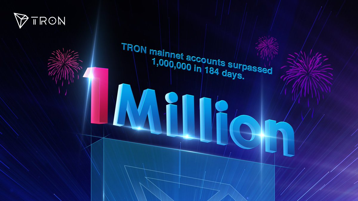 justinsuntron's tweet image. Congratulations on #TRON mainnet accounts surpassed 1 Million in 184 days. #TRX $TRX